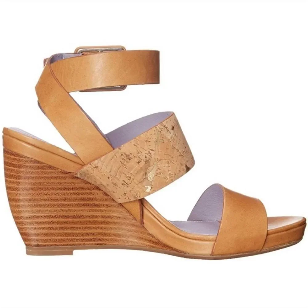Tan Cork Wedge Sandals with Ankle Buckle